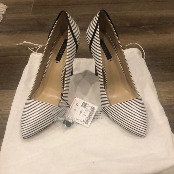 Brand new Tags on black and white thin stripe shoe